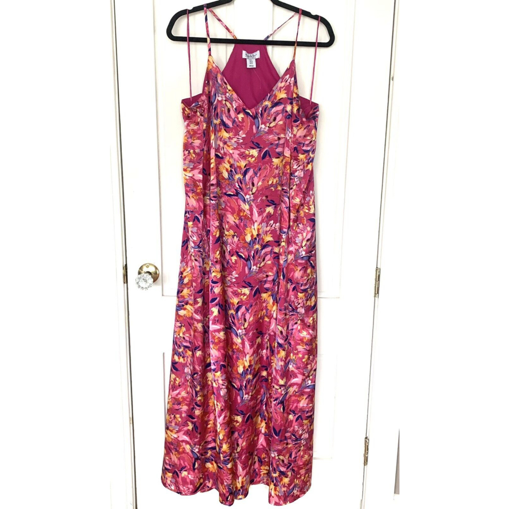 NWT Nicole Miller Fuchsia Satin Floral Dress, Large